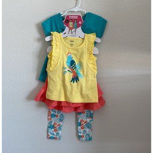 New Pekkle Toddler Girls 4Pc Outfit Set Size 3T Tropical Birds Rainbow Flowers